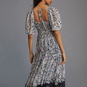 👗🌟Anthropologie Square Neck Smocked Midi Dress Boho Floral Black White XS 0 2